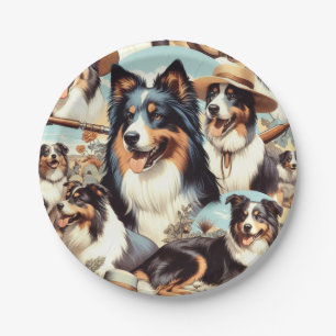 Retro Australian Shepherd Seamless Painting Paper Plate
