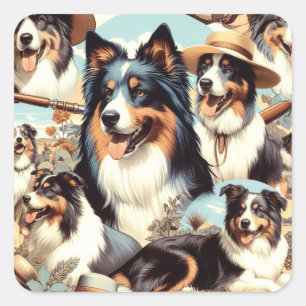 Retro Australian Shepherd Seamless Painting Square Sticker