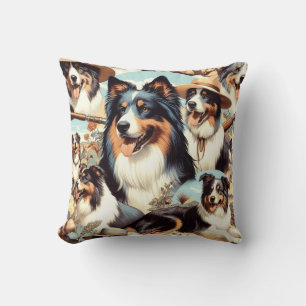 Retro Australian Shepherd Seamless Painting Throw Pillow