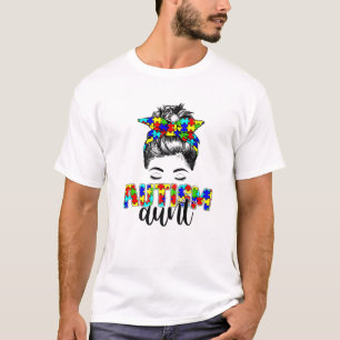 Retro Autism Awareness Messy Bun Aunt Support Auti T-Shirt