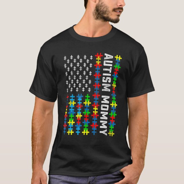 Retro Autism Awareness Usa Flag Mommy Support Auti T-Shirt (Front)