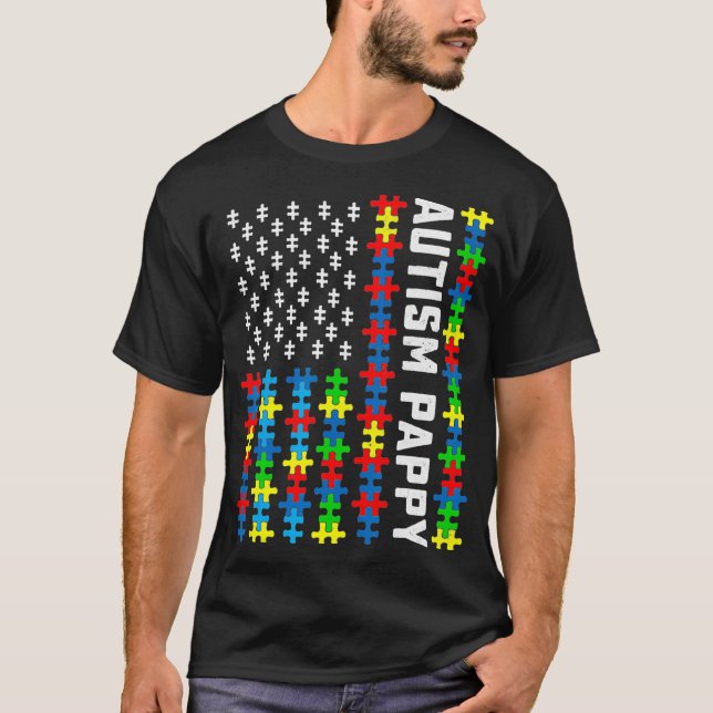 Retro Autism Awareness USA Flag Pappy Support Auti T-Shirt (Front)