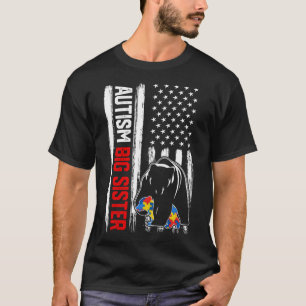 Retro Autism Big Sister Bear American Flag Awarene T-Shirt