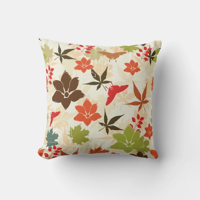 Retro Autumn Butterflies Leaves Throw Pillow (Front)