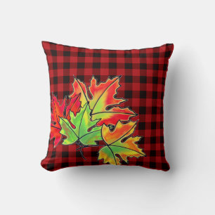 Retro Autumn Fall leaves red rustic black plaid    Throw Pillow