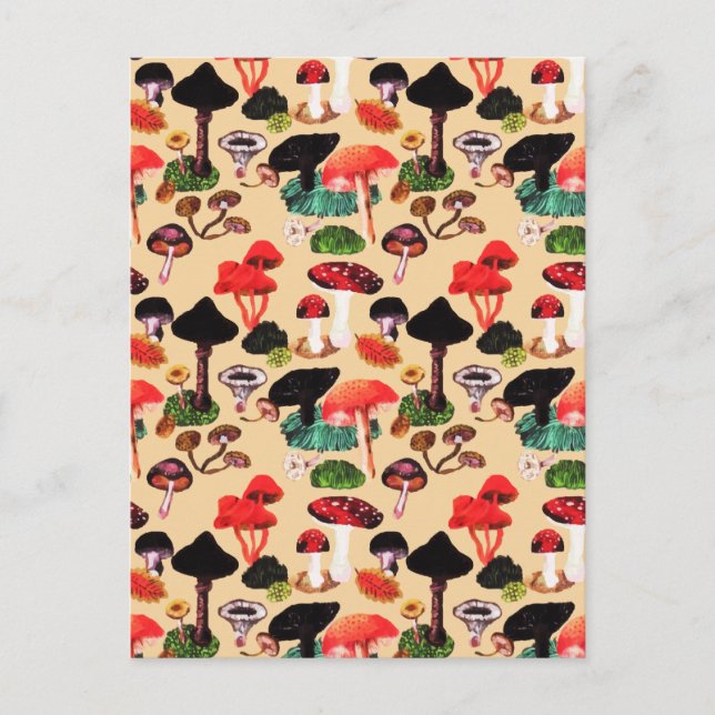 Retro Autumn Woodland Mushroom Watercolor Holiday Postcard (Front)
