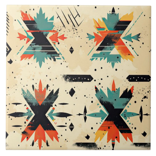 Retro Aztec pattern geometric abstract orange  Tile (Front)