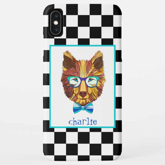 Retro B&W Chequerboard, Hipster Bear, Personalized Case-Mate iPhone Case (Back)