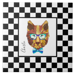Retro B&W chequerboard, hipster bear, personalized Tile