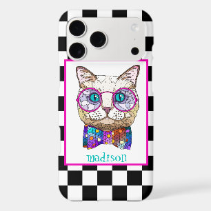 Retro B&W Chequerboard, Hipster Cat, Personalized