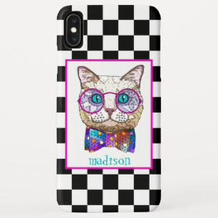 Retro B&W Chequerboard, Hipster Cat, Personalized iPhone XS Max Case