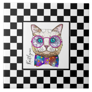 Retro B&W chequerboard, hipster cat, personalized Tile