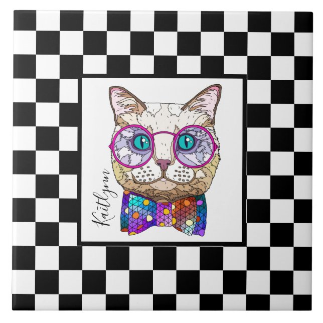 Retro B&W chequerboard, hipster cat, personalized Tile (Front)