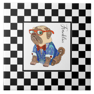 Retro B&W chequerboard, hipster pug, personalized Tile