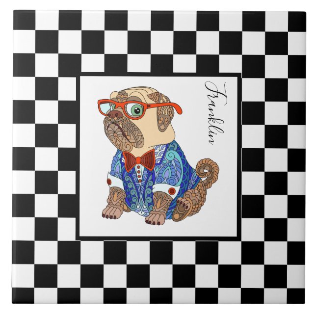 Retro B&W chequerboard, hipster pug, personalized Tile (Front)