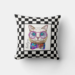 Retro B&W chequerboard w/ Hipster Cat & Name Throw Pillow