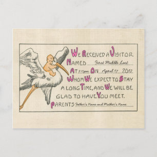 Retro Baby Girl & Stork Parents Birth Announcement