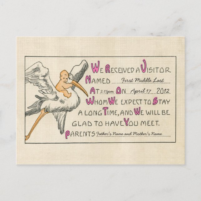 Retro Baby Girl & Stork Parents Birth Announcement (Front)