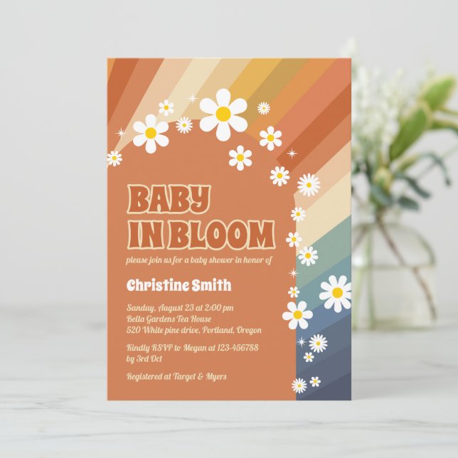 Retro Baby in Bloom Daisy Rainbow Baby Shower Invitation (Standing Front)