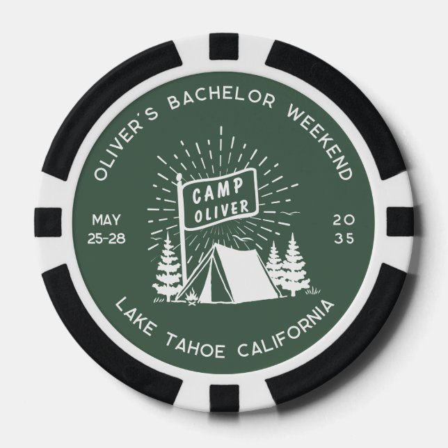 Retro Bachelor Party Weekend in the Woods | Green  Poker Chips (Front)