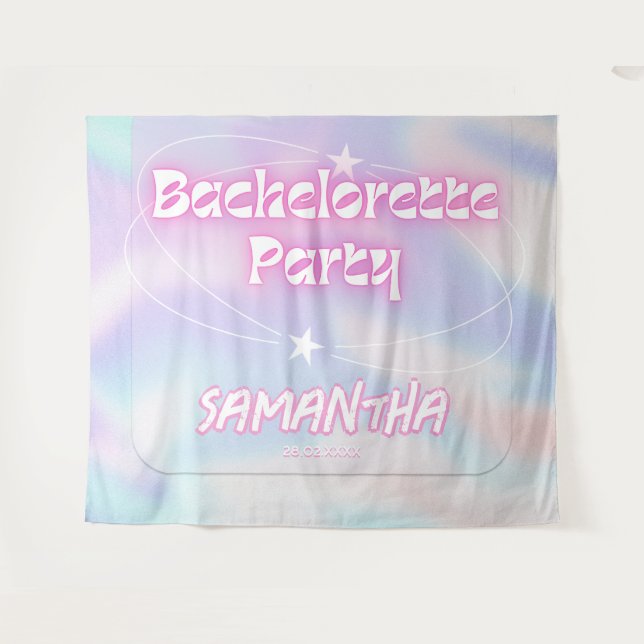 Retro Bachelorette Party Backdrop Groovy Pink Tapestry (Front (Horizontal))
