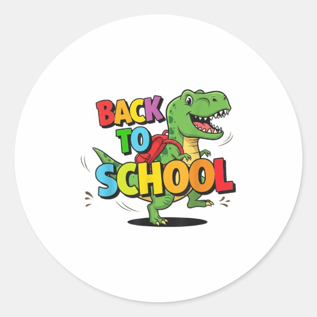 Retro Back To School Funny Colourful Dinosaur Cart Classic Round Sticker (Front)