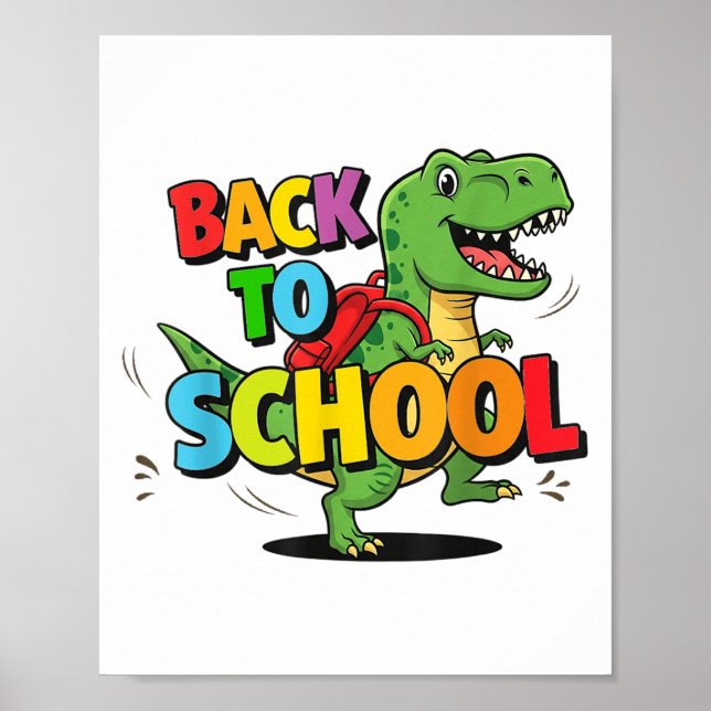 Retro Back To School Funny Colourful Dinosaur Cart Poster (Front)
