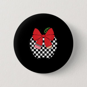Retro Back To School Teacher Race Checkered Pencil 2 Inch Round Button