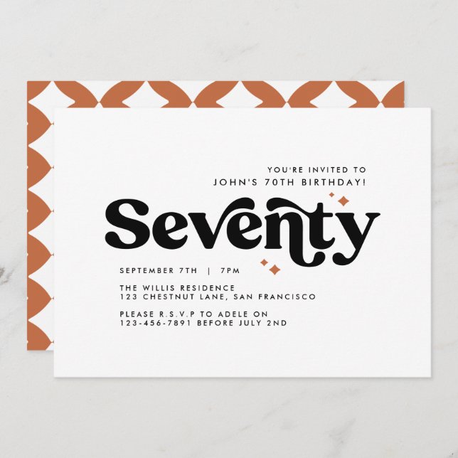 Retro back white modern minimal 70th birthday invitation (Front/Back)