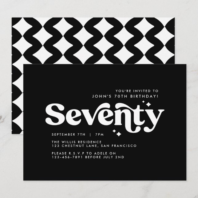 Retro back white modern minimal 70th birthday invitation (Front/Back)