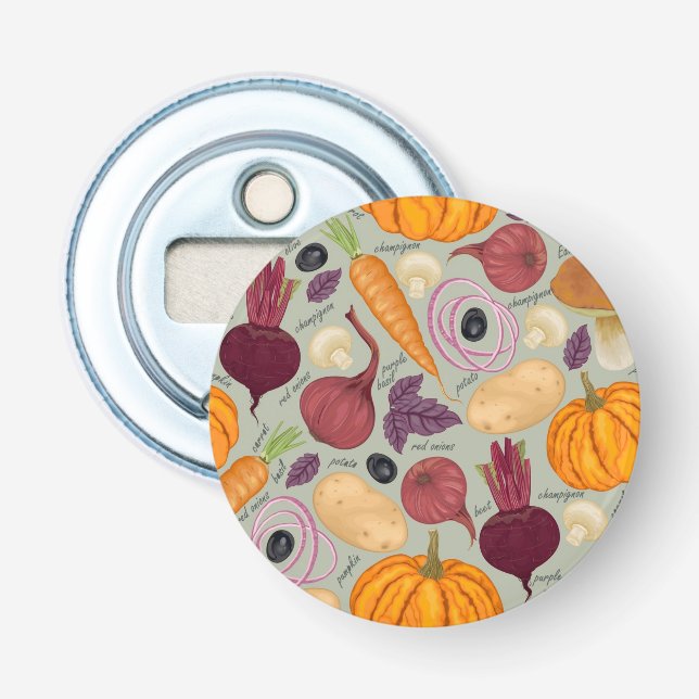 Retro background from fresh vegetables bottle opener (Front)