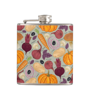 Retro background from fresh vegetables hip flask
