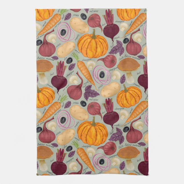 Retro background from fresh vegetables kitchen towel (Vertical)