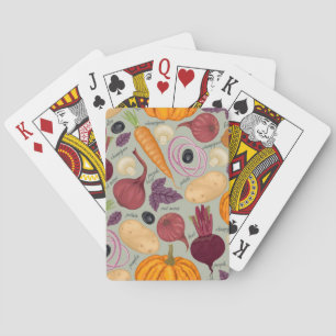 Retro background from fresh vegetables playing cards