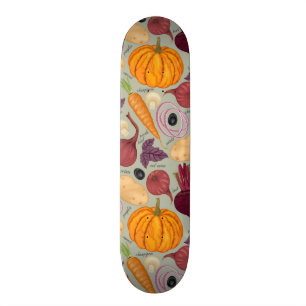 Retro background from fresh vegetables skateboard