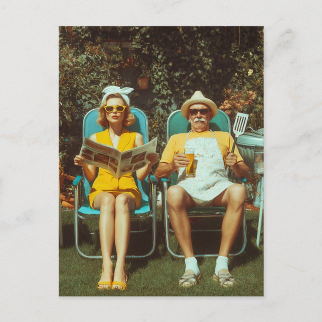Retro Backyard BBQ Scene with Stylish Couple Postcard (Front)