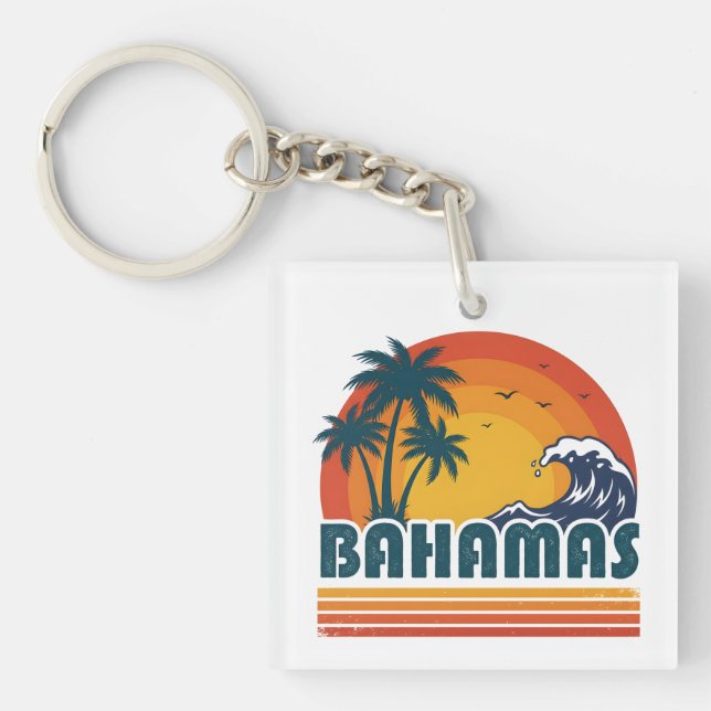 Retro Bahamas Beach Summer Sunset 70s Palm Tree Keychain (Front)