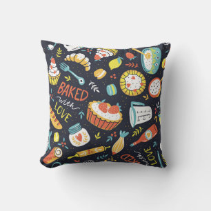 Retro bakery, dots, floral elements. throw pillow
