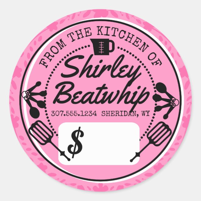 Retro baking utensils bakery personalized price classic round sticker (Front)