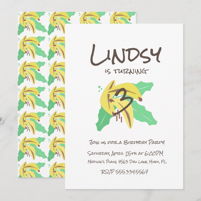 Retro Banana Yellow Turning Three Birthday Invitation (Front/Back)