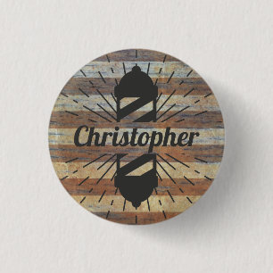 Retro Barber Shop Pole Woodgrain Name Tag 1 Inch Round Button