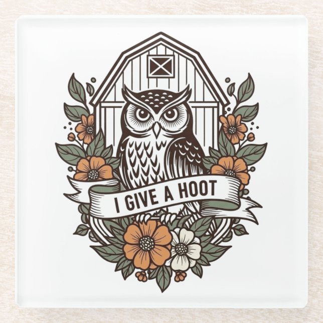 Retro barn owl 'I give a hoot' design Glass Coaster (Front)