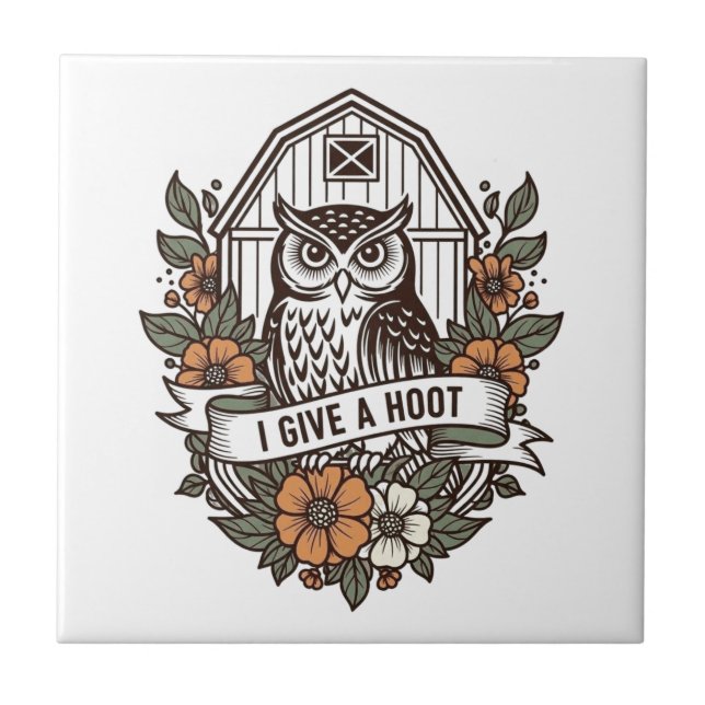 Retro barn owl 'I give a hoot' design Tile (Front)