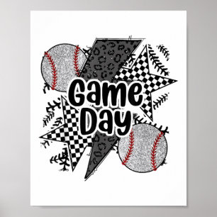 Retro Baseball Game Day Chequered Leopard Baseball Poster