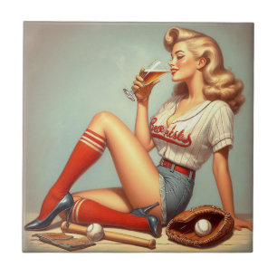 Retro Baseball Girl Painting Tile