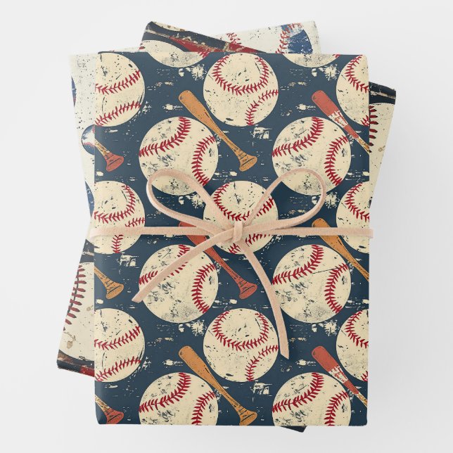 Retro Baseball Pattern Wrapping Paper Sheet (In situ)