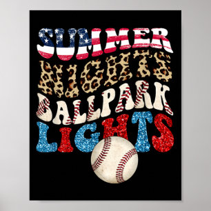 Retro Baseball Summer Nights Ballpark Lights Men Poster