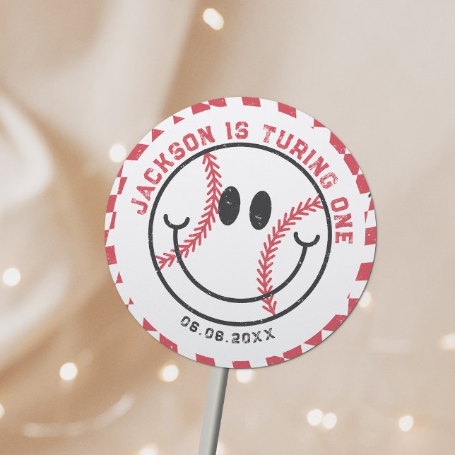 Retro Baseball Vibes Boy Birthday Party Classic Round Sticker (Creator Uploaded)
