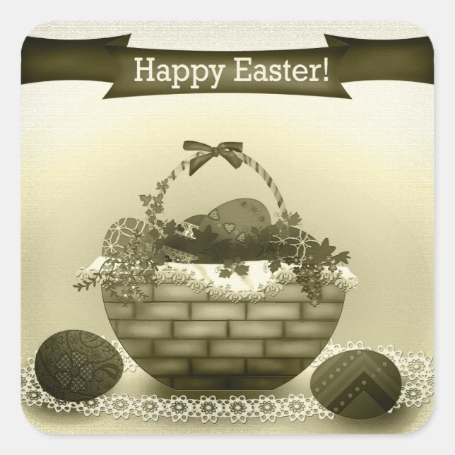 Retro.  Basket with Easter eggs Square Sticker (Front)