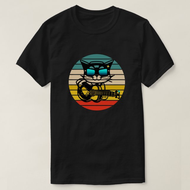 Retro Bassist Rockstar Cat, Cat Playing Guitar T-Shirt (Design Front)